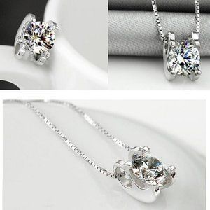 *925 Sterling Silver Solitaire Diamond Necklace C